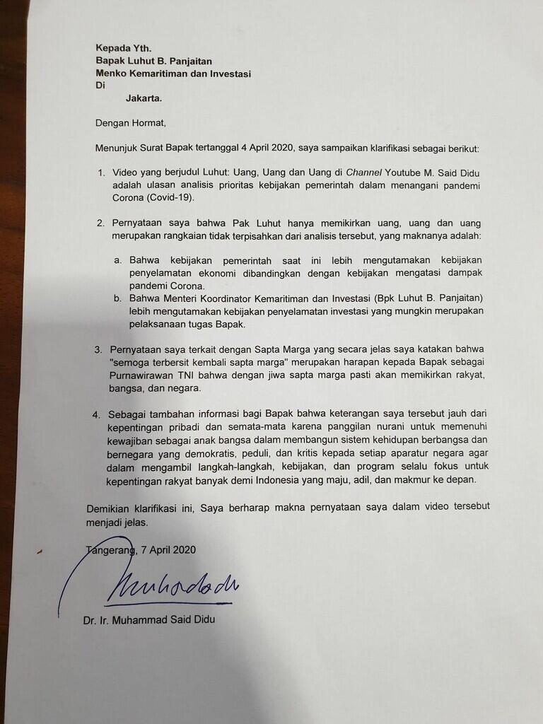 Said Didu Surati Luhut Klarifikasi Video 'Luhut Hanya Pikirkan Uang'