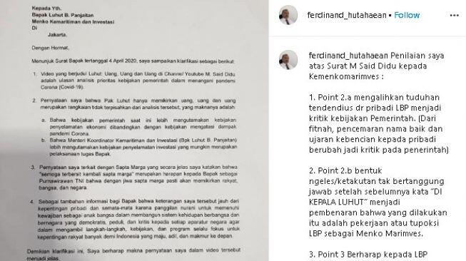 Said Didu Balas Surat LBP, Akun IG Ferdinand: Isinya Ngeles ala Bajaj