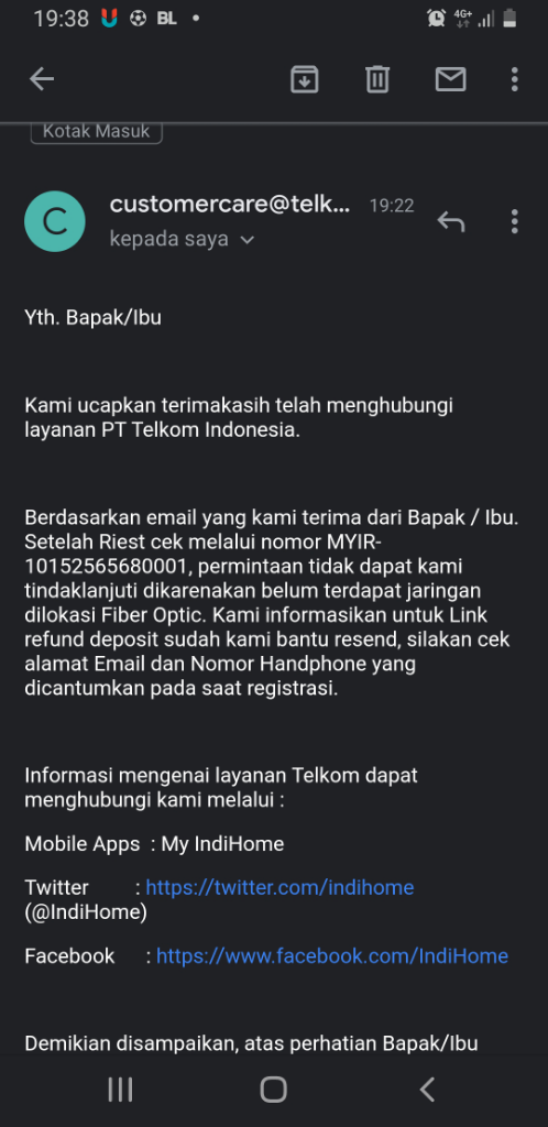 Indihome tidak melakukan pemasangan, setelah pelanggan membayarkan deposit