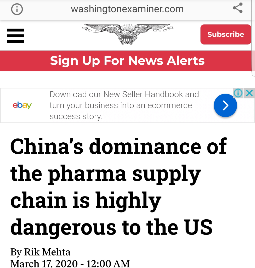 Chinese domination control of world pharmaceutical supplies sparks US growing concern