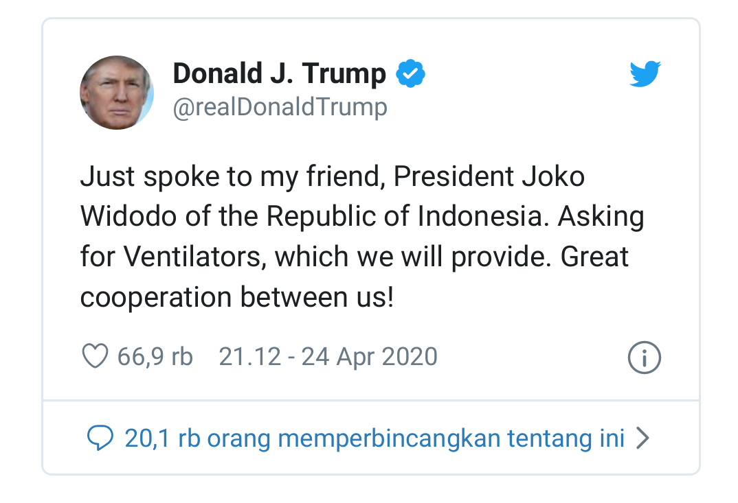 Telepon Jokowi, Trump Siap Berikan Ventilator ke Indonesia
