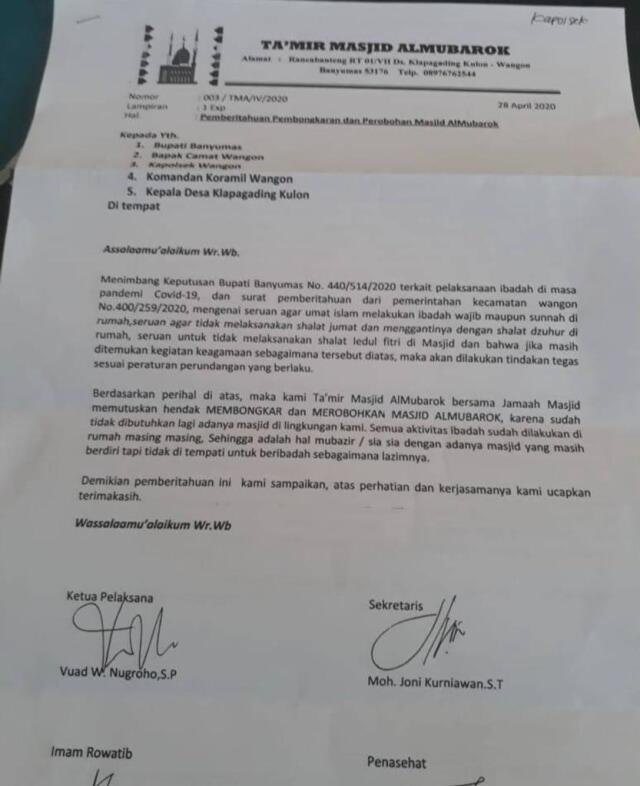 Viral Takmir Hendak Bongkar Masjid di Banyumas karena Imbauan Ibadah di Rumah