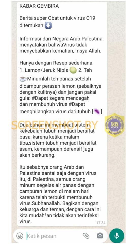 Minum Lemon dan Teh bisa Cegah Kematian Akibat Corona. HOAKS / FAKTA?