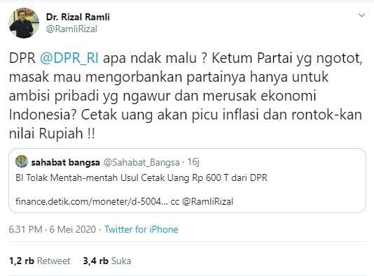 Usulan DPR untuk Cetak Uang Ditolak BI, Ekonom Rizal Ramli Buka Suara