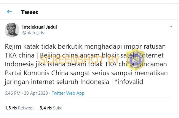 Jika TKA Tiongkok Ditolak Masuk Indonesia, Internet akan Diblokir. HOAKS / FAKTA?