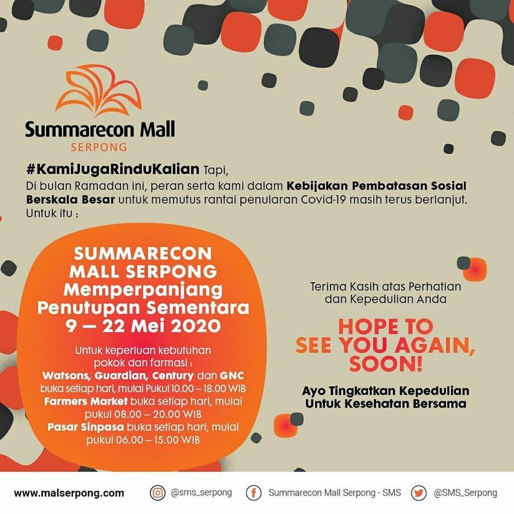 Summarecon Mall Serpong dan Scientia Square Park Kembali Perpanjang Masa Penutupan