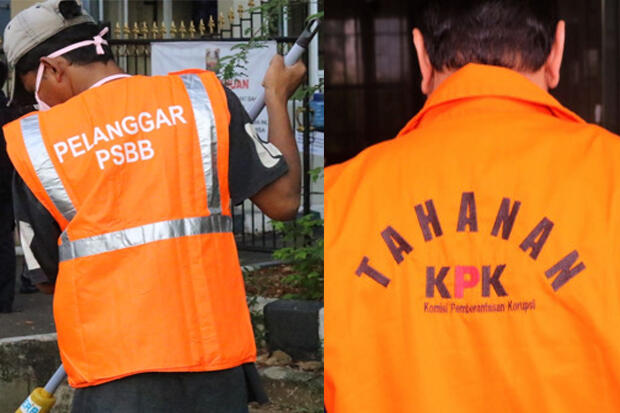 Mirip Koruptor, Pelanggar PSBB Dikenakan Rompi Oranye sembari Nyapu Fasum