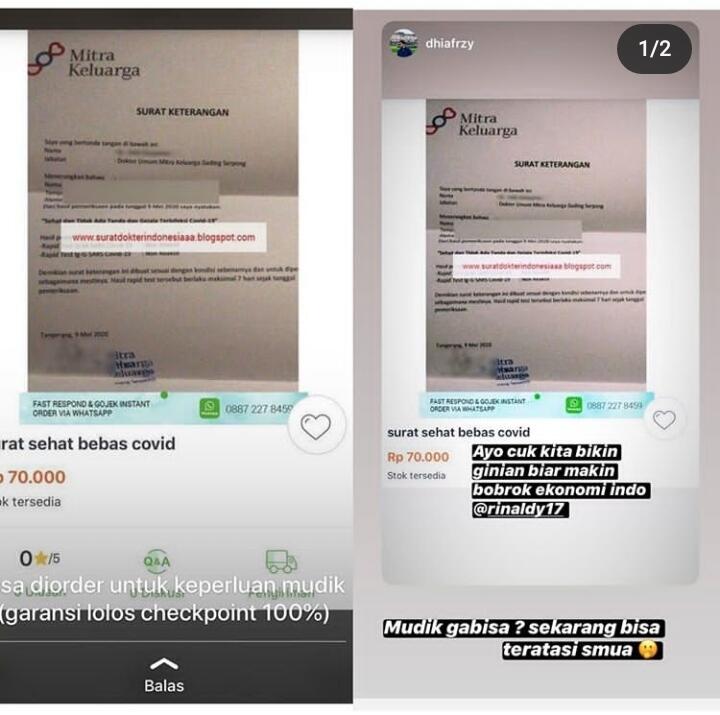 Heboh Surat Keterangan Sehat Bebas Covid dari RS Dijual di Toko Online Rp 70 Ribu