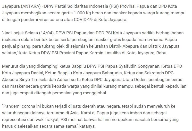 PSI papua bagikan 1000 kg beras dan masker kepada warga terdampak covid-19