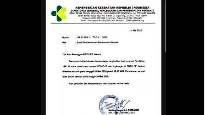 Kemenkes: Surat Lab Pemeriksa Covid-19 Libur Saat Lebaran Adalah Hoaks