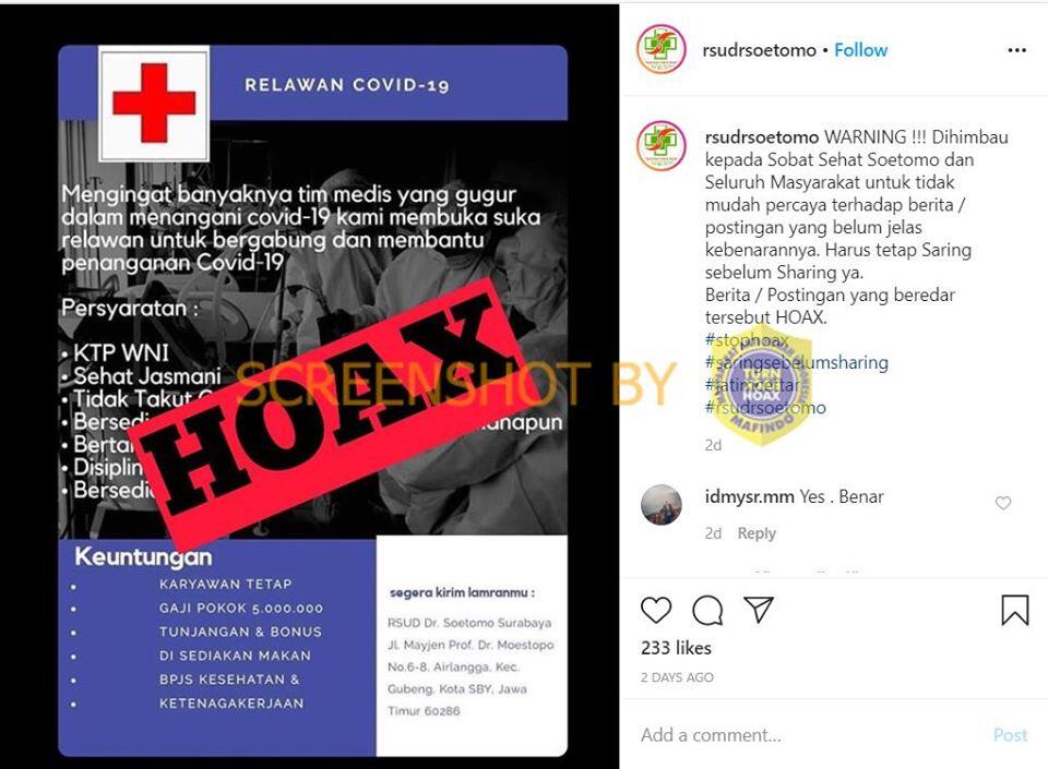 Lowongan Sukarelawan COVID-19 RSUD Dr. Soetomo Surabaya. HOAKS / FAKTA?