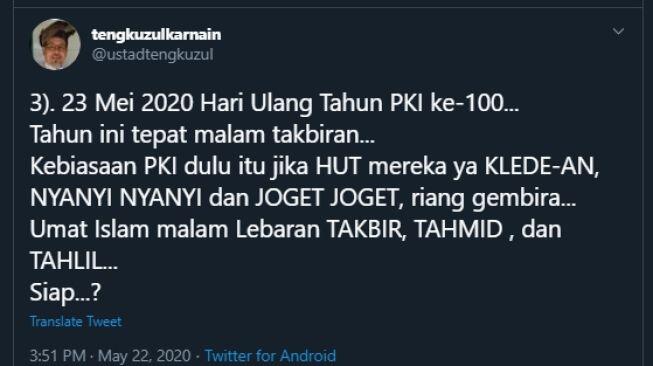 Tengku Zul Kaitkan Malam Takbiran dengan Ultah PKI, Warganet: Please Deh!