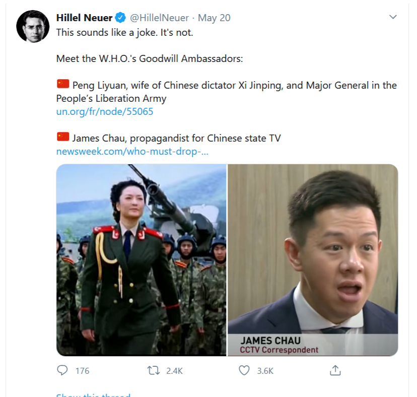 Two WHO ‘Goodwill Ambassadors’ are China’s first lady and a Chinese propagandist
