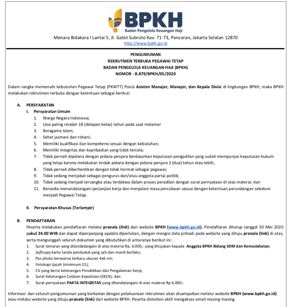 All About Rekrutmen BPKH (Badan Pengelola Keuangan Haji) Tahun 2020