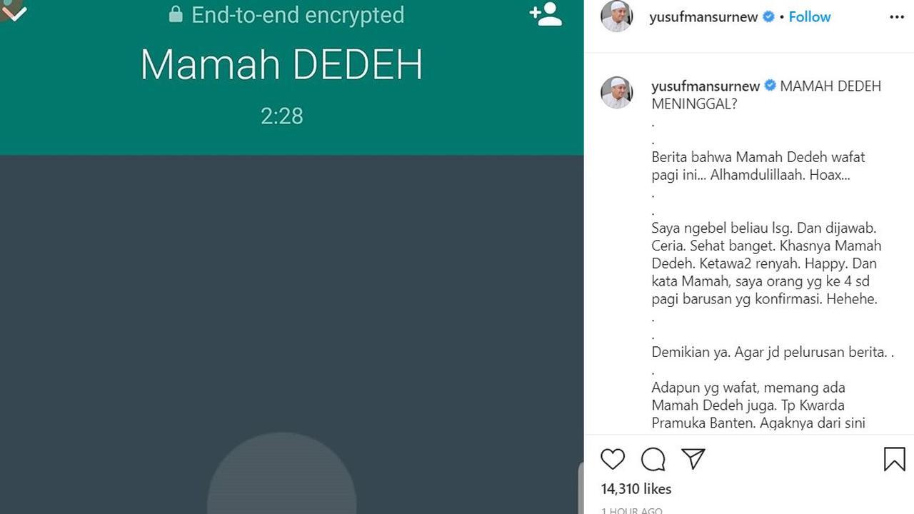 Isu Mamah Dedeh Meninggal Dunia, Ustaz Yusuf Mansur: Alhamdulillah Sehat Banget