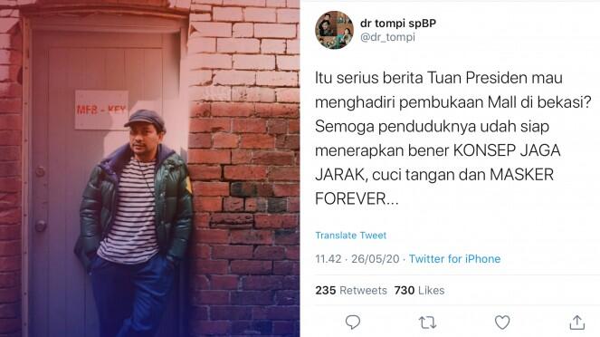 Tompi Disebut Sebar Hoaks Presiden Jokowi Ikut Pembukaan Mal di Bekasi