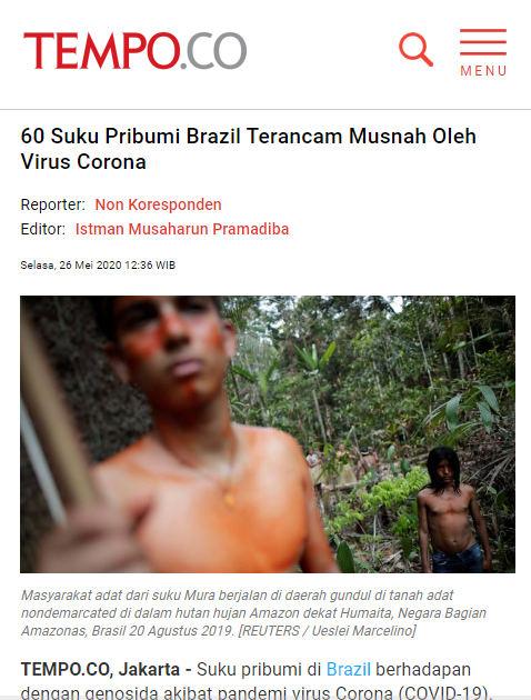 60 Suku Pribumi Brazil Terancam Musnah Oleh Virus Corona
