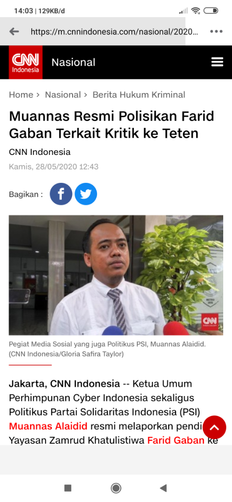 Muannas Resmi Polisikan Farid Gaban Terkait Kritik ke Teten