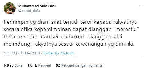 Said Didu: Pemimpin yang Diam saat Rakyat Diteror, Dapat Dianggap Merestui