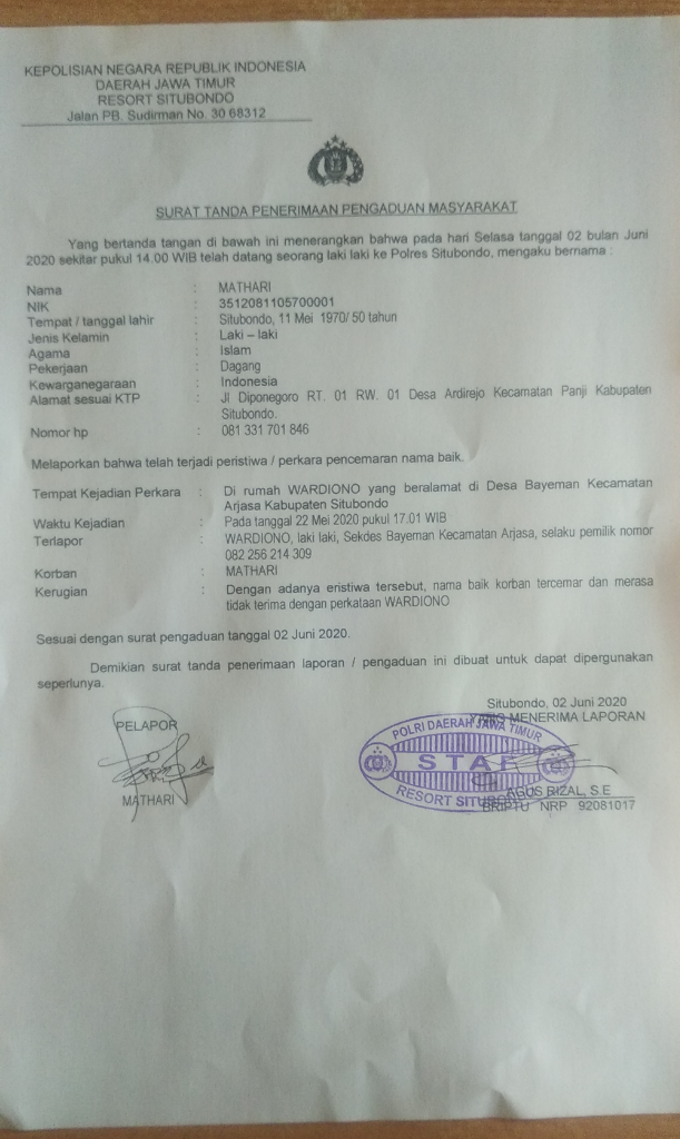 Sekdes Bayeman Diadukan ke Mapolres Situbondo