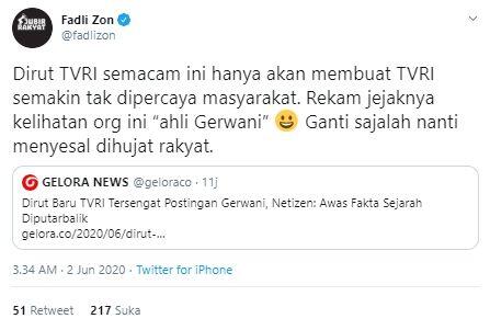 Sebut 'Ahli Gerwani', Fadli Zon Minta Dirut TVRI Iman Brotoseno Diganti