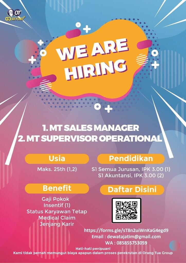 Lowongan Kerja "MT SALES MANAGER & MT SUPERVISOR OPERATIONAL" - JAWA TIMUR