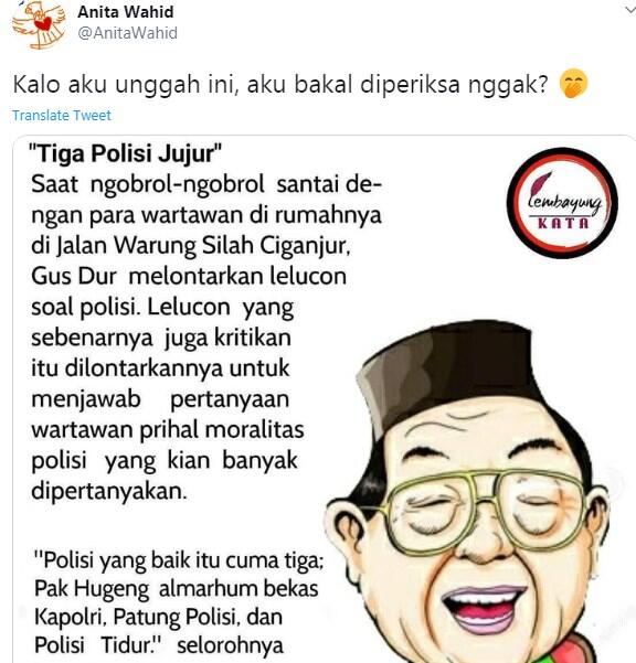 Heboh Netizen Diciduk Polisi Gara-gara Posting Humor Gus Dur, begini kata Anita Wahid