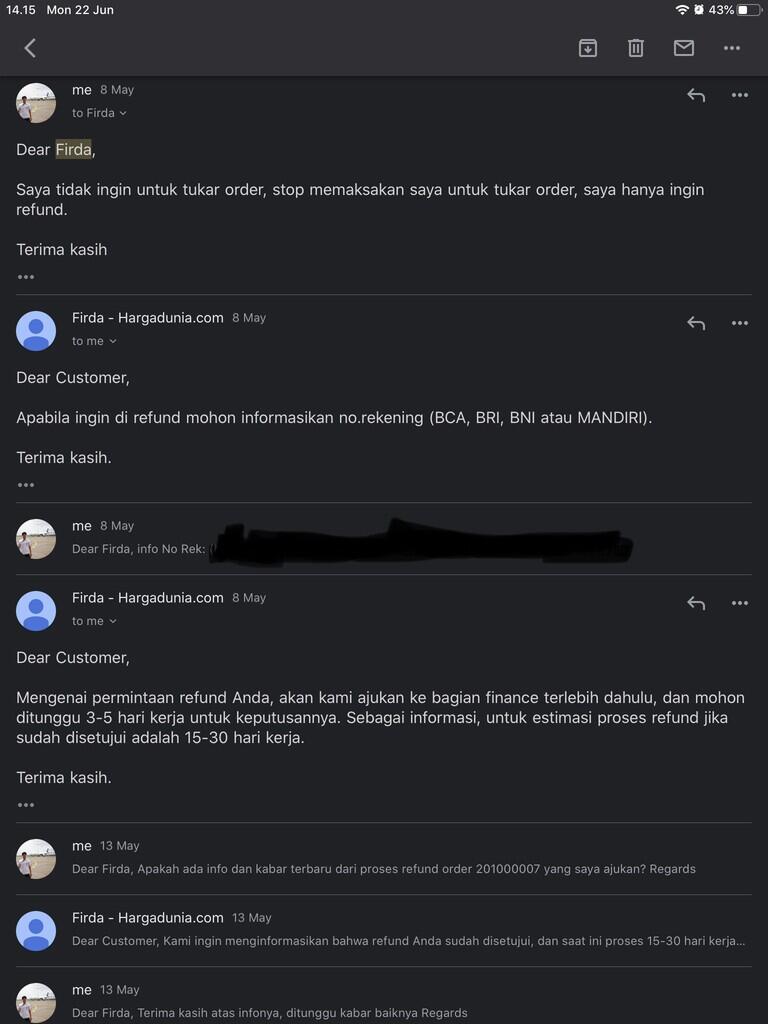 1 Bulan Lebih Belum di Refund oleh HargaDunia