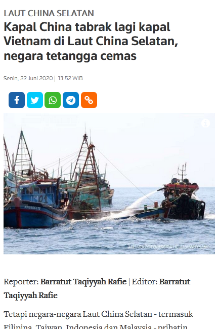 Kapal China tabrak lagi kapal Vietnam di Laut China Selatan, negara tetangga cemas