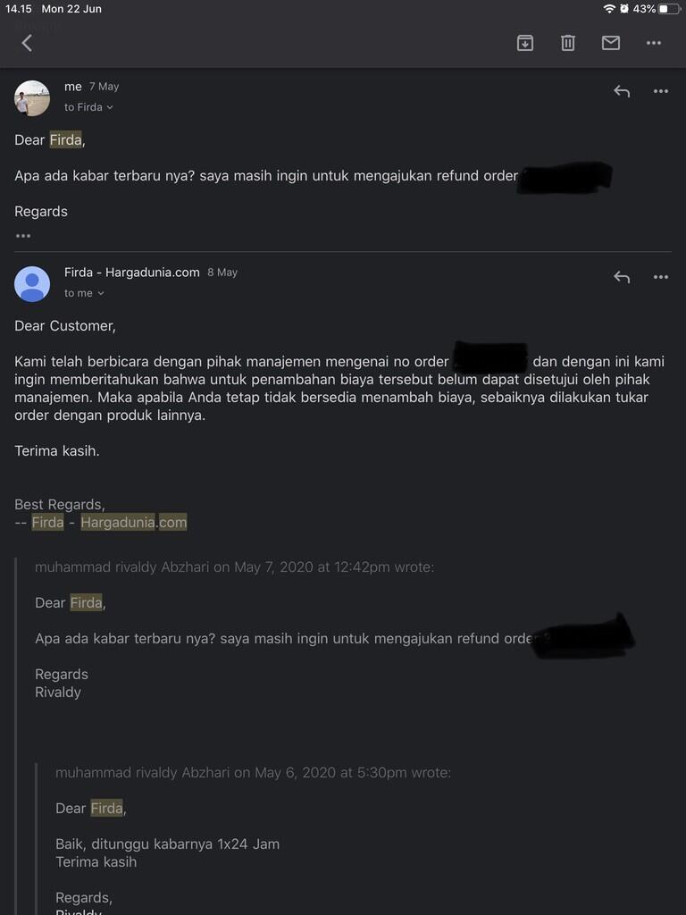 1 Bulan Lebih Belum di Refund oleh HargaDunia