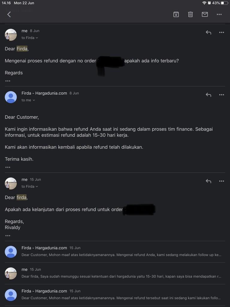 1 Bulan Lebih Belum di Refund oleh HargaDunia