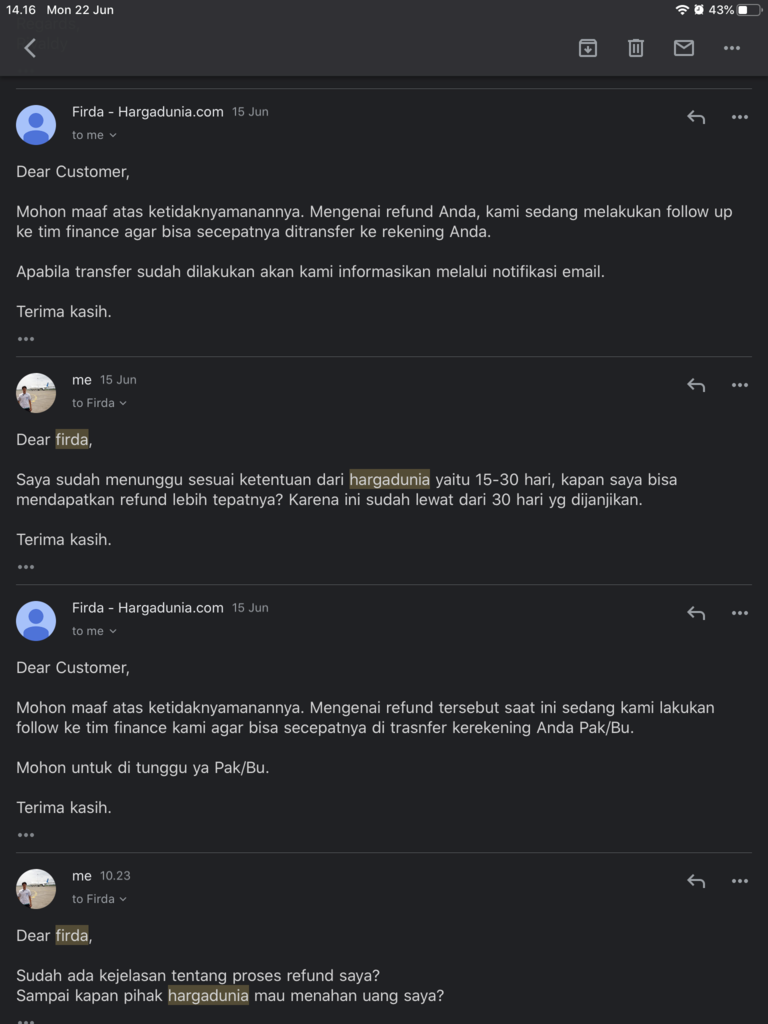 1 Bulan Lebih Belum di Refund oleh HargaDunia