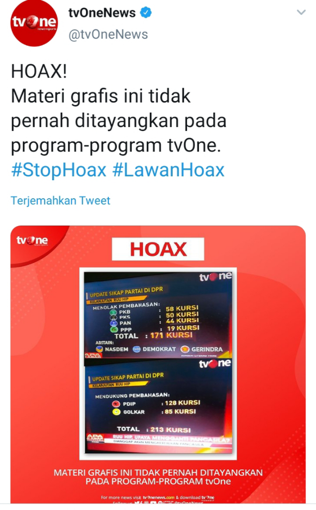 Viral Hoax Fitnah Partai Nasdem dan Partai Lain Terkait RUU HIP, TV One Pastikan Hoax