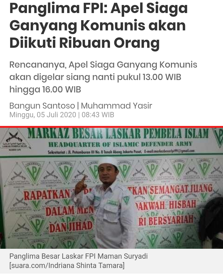 Panglima FPI: Apel Siaga Ganyang Komunis akan Diikuti Ribuan Orang