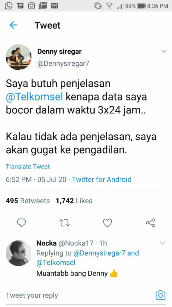 Diretas Teroris, Data Telkomsel Denny Siregar Bocor