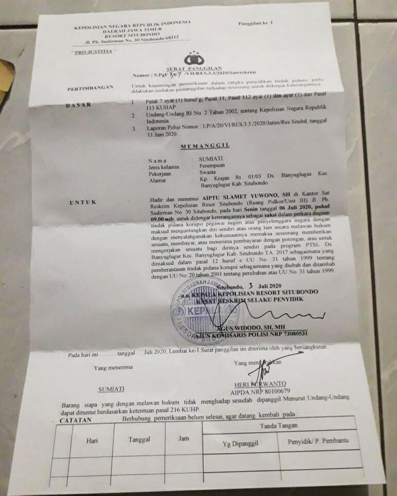 Ilham Fahruzi Sesalkan Surat Panggilan Dari Satreskrim Polres Situbondo Untuk Sumiati
