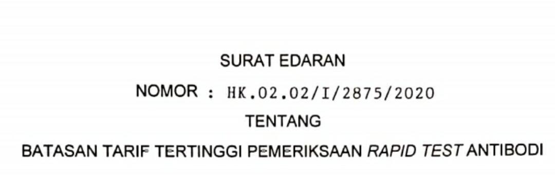 BATASAN TARIF TERTINGGI PEMERIKSAAN RAPID TEST ANTIBODI