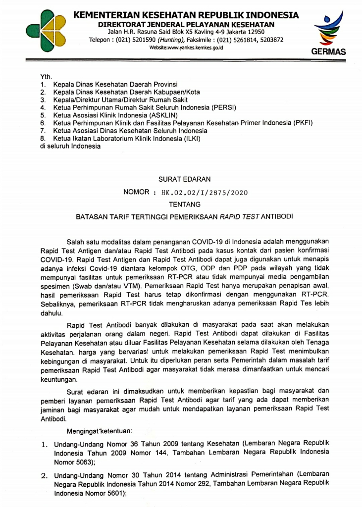 BATASAN TARIF TERTINGGI PEMERIKSAAN RAPID TEST ANTIBODI