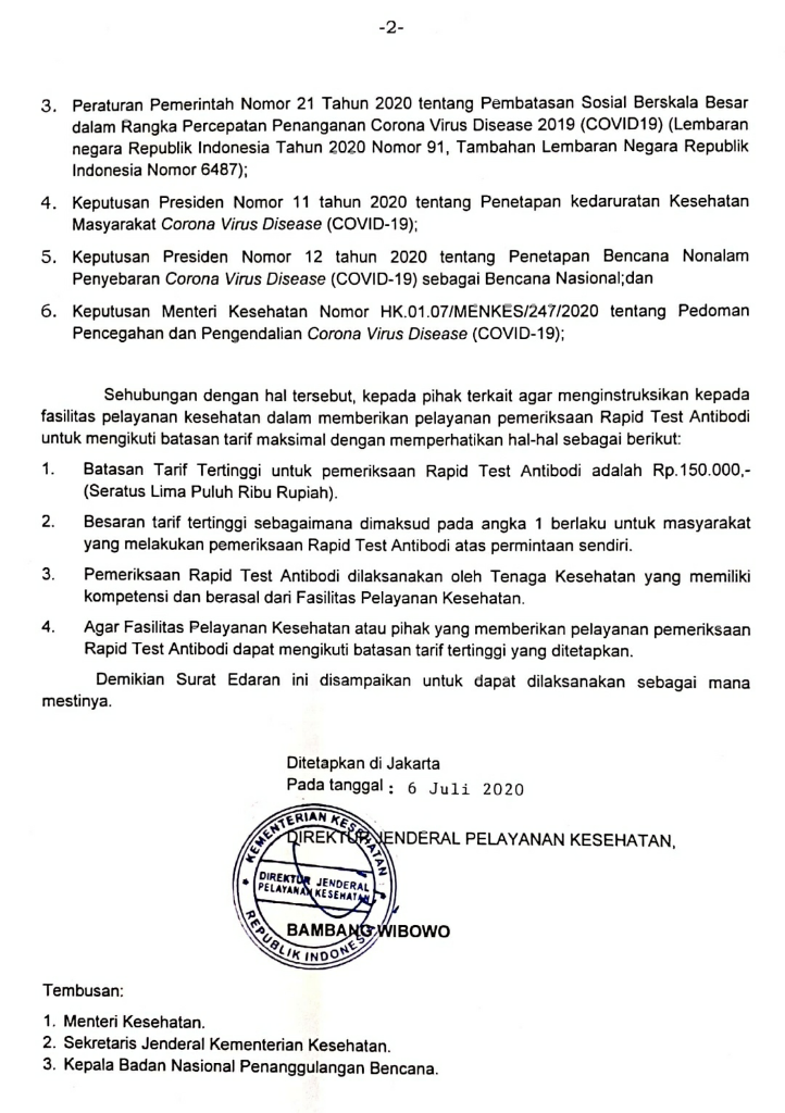 BATASAN TARIF TERTINGGI PEMERIKSAAN RAPID TEST ANTIBODI