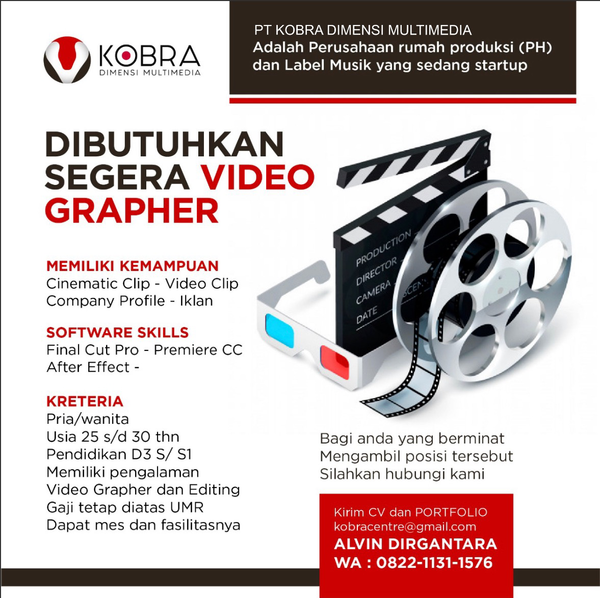 Pt Kobra Dimensi Multimedia Membuka Lowongan Kerja Untuk Video Grafer Profesional Kaskus