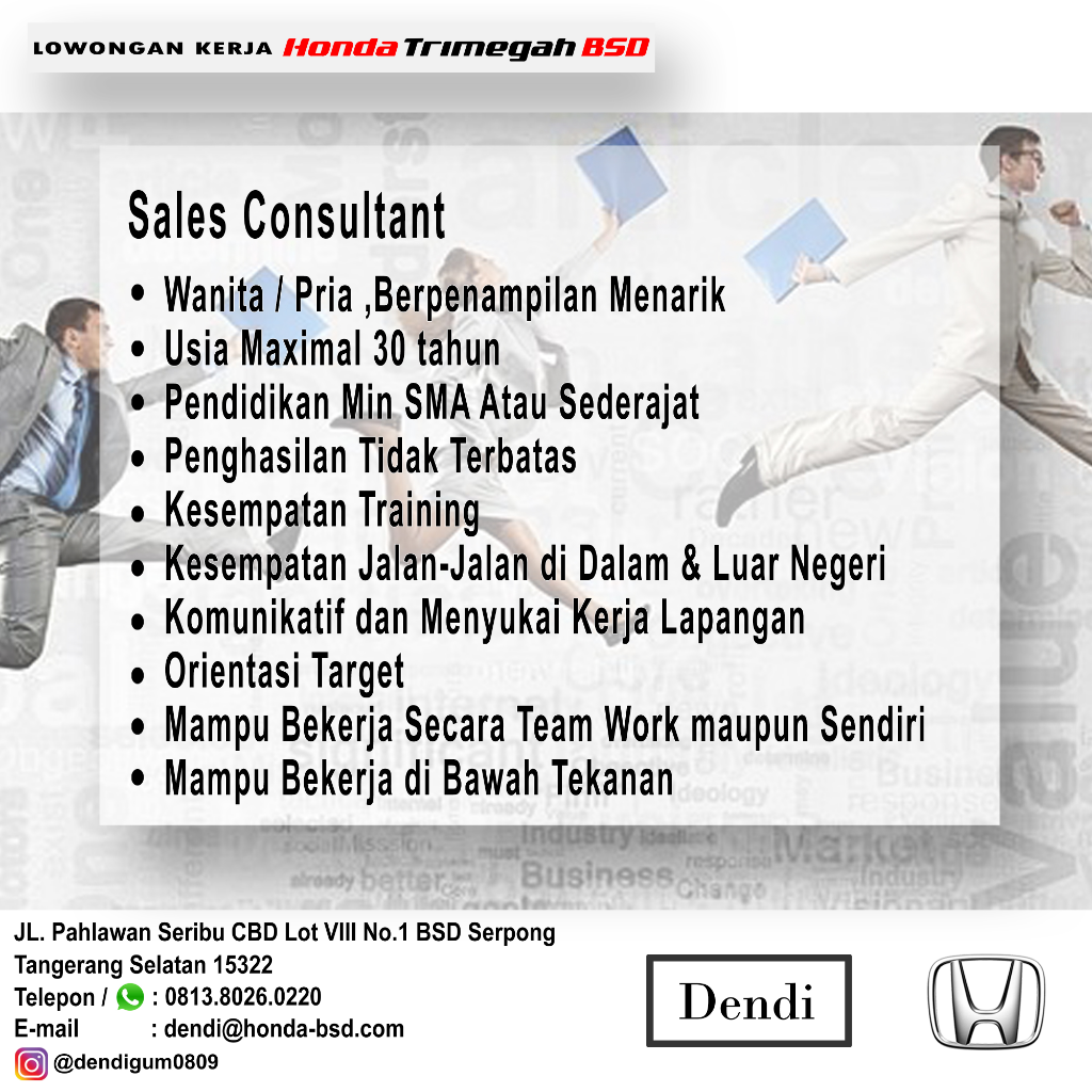 Dibutuhkan sales consultant Honda Mobil