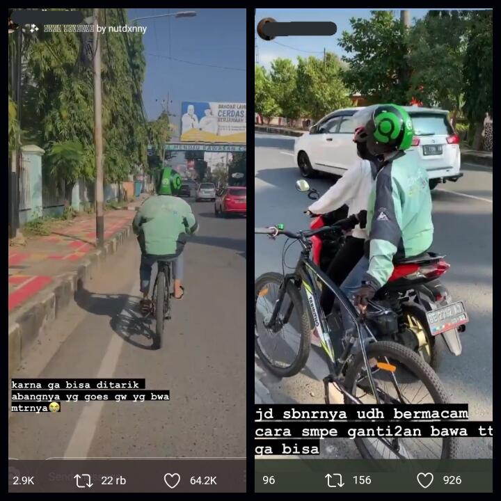 Bikin Terharu Netizen Driver Ojol Goes Sepeda Pelanggan yang Kelelahan