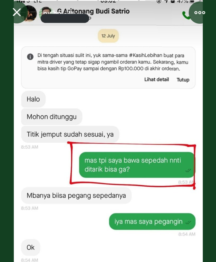 Bikin Terharu Netizen Driver Ojol Goes Sepeda Pelanggan yang Kelelahan