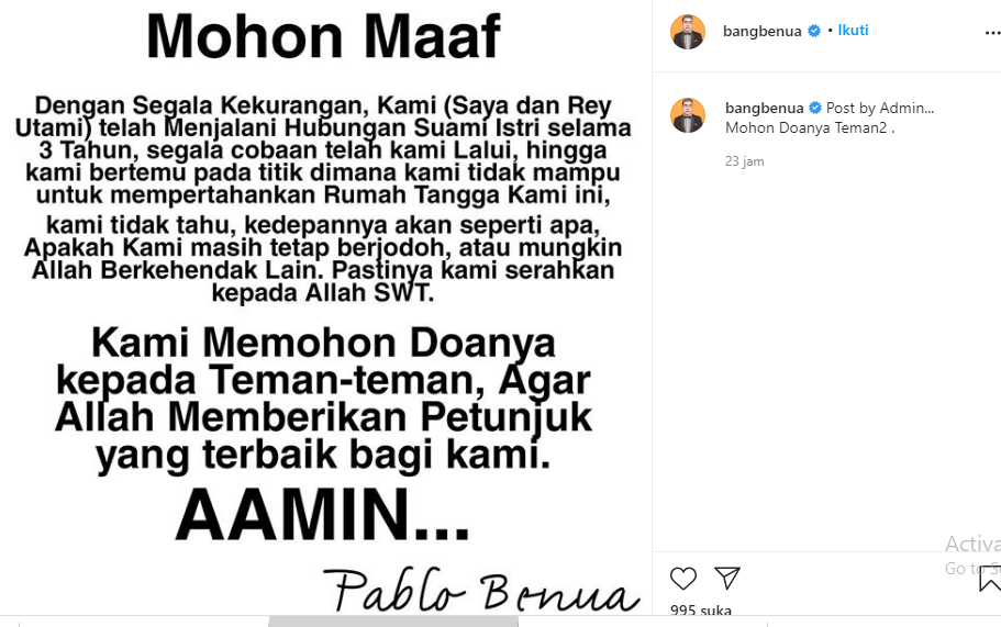 Dipenjara, Pablo Benua dan Rey Utami Cerai? 