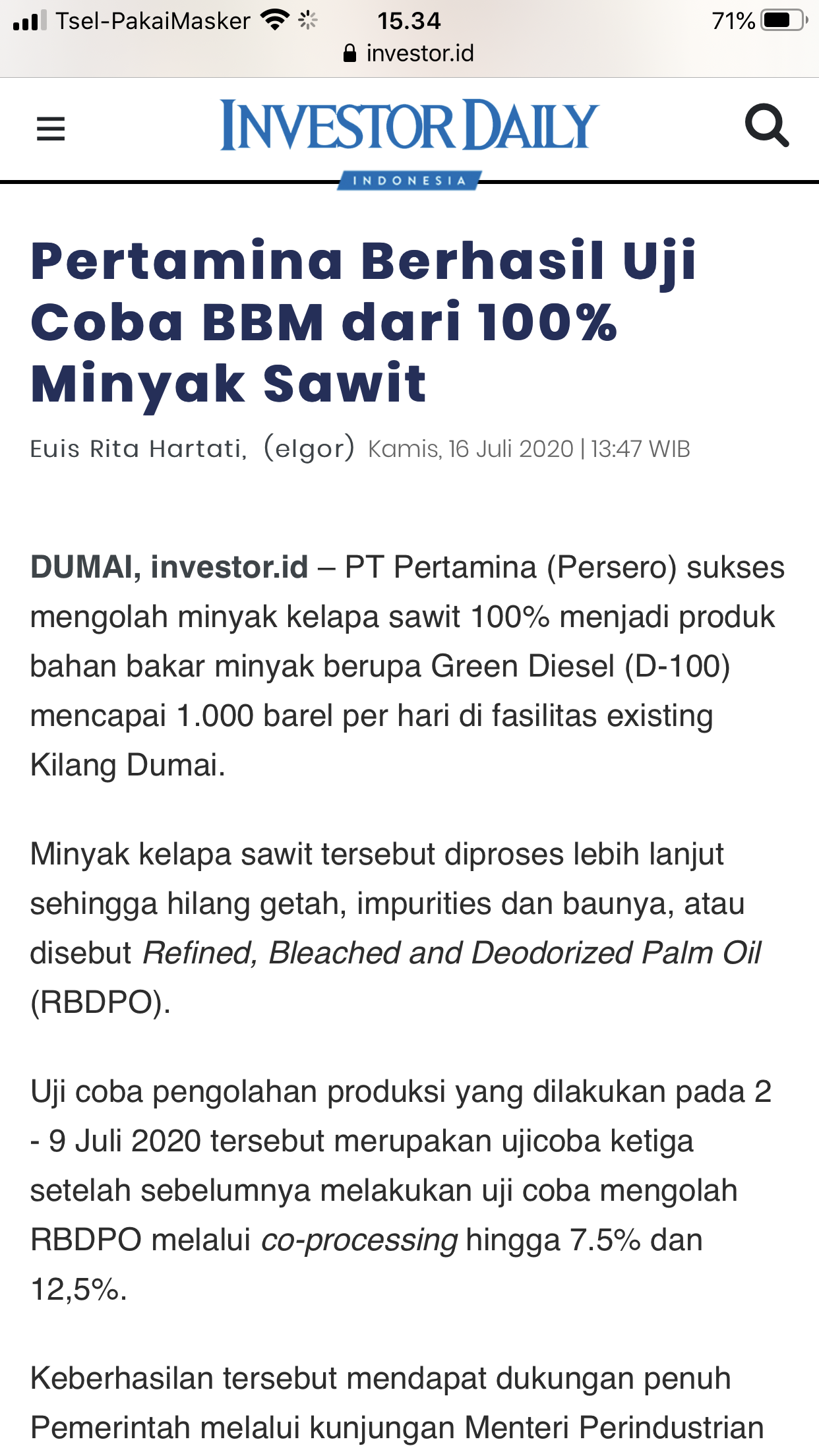 Pertamina Berhasil Uji Coba BBM dari 100% Minyak Sawit