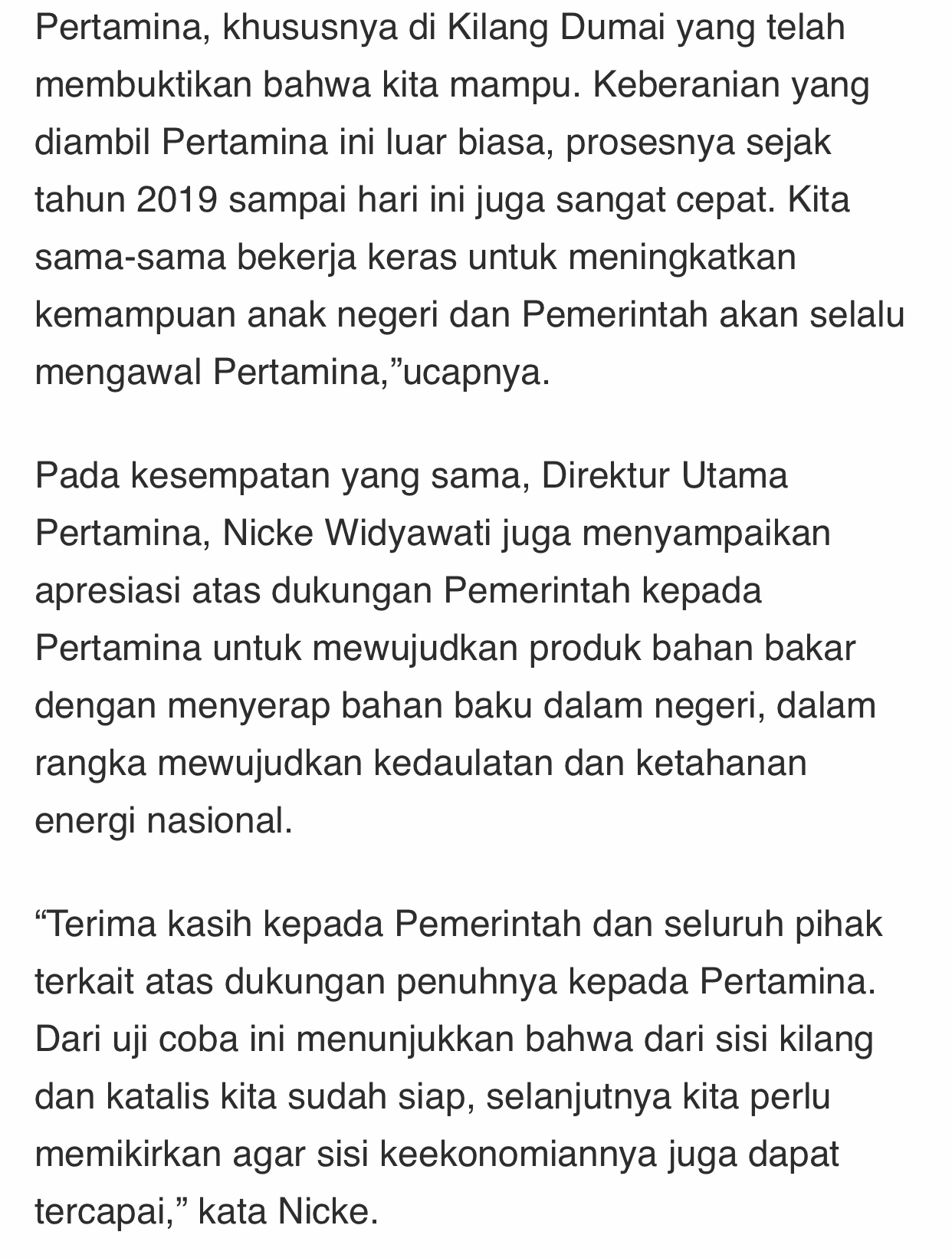 Pertamina Berhasil Uji Coba BBM dari 100% Minyak Sawit