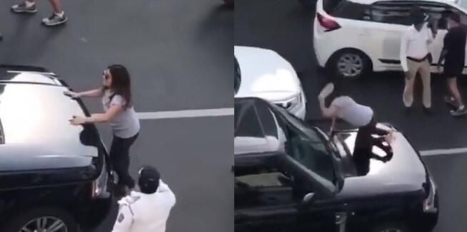 Emak-emak Ngamuk Sampai Naik Kap Range Rover, diDalam Mobil Suaminya Bawa Pelakor