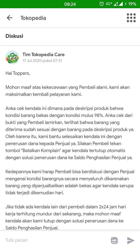 Beginikah sitem pusat reolusi TOKOPEDIA menyelesaikan masalah? Sepihak?