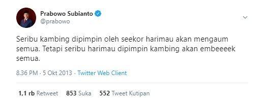 Jadi Ketum Gerindra Lagi, Cuitan Lawas Prabowo Harimau Pimpin Kambing Viral