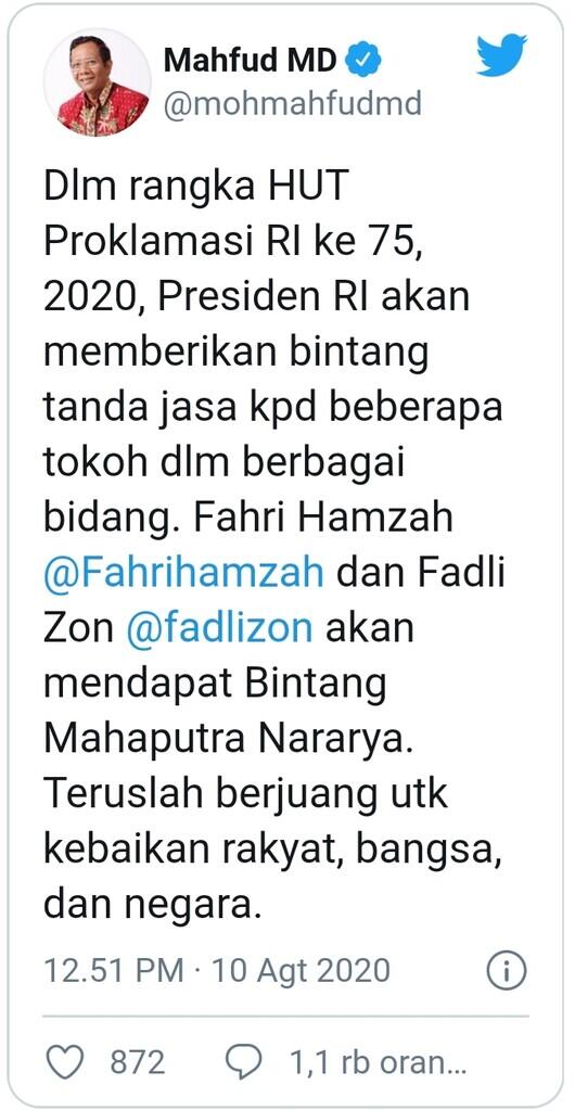 Presiden 🇮🇩 Akan Beri Bintang Tanda Jasa untuk Fahri Hamzah dan Fadli Zon